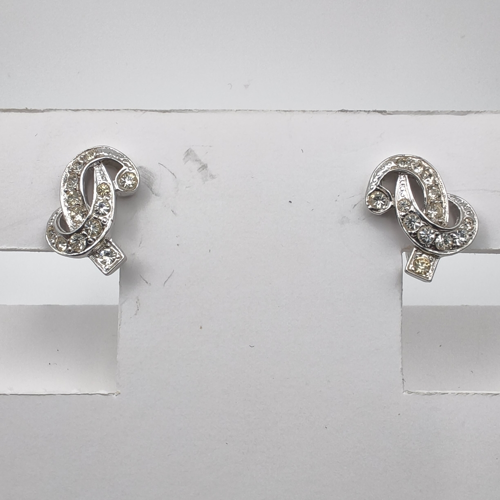 Vintage Avon Silver-Tone Rhinestone  Ribbon Twist Screw Back Clip On Earrings